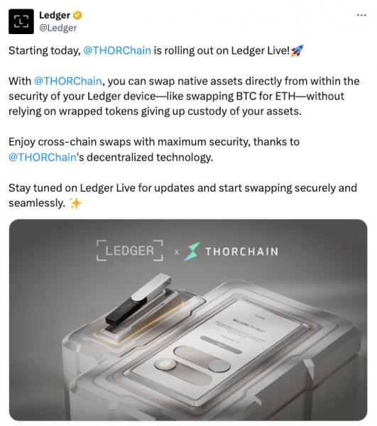 Ledger Live запускает нативные децентрализованные кроссчейновые свопы в THORChain